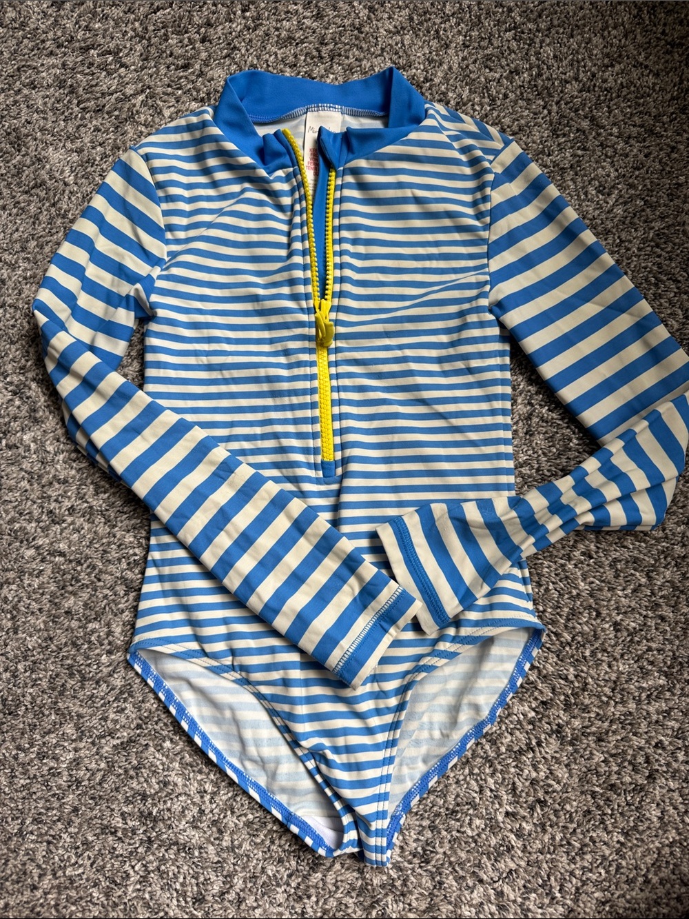 Mini Boden Blue and White Striped Long Sleeve Swimsuit 7-8Y